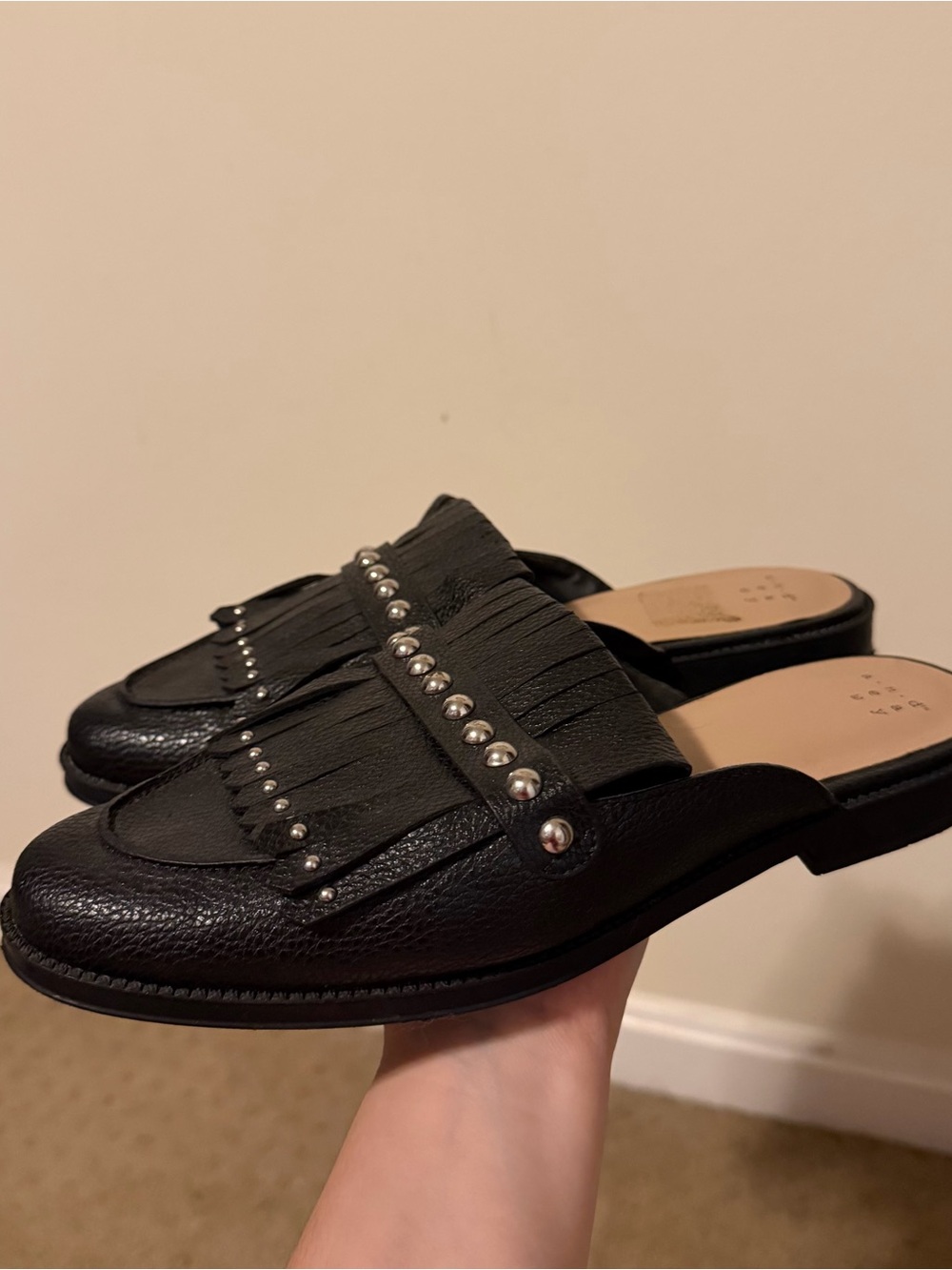 Black Fringe Studed Slip-On Loafers